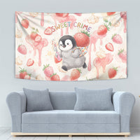Sweet Crime Cute Penguin Holding Knife Tapestry Funny Strawberry Cake Graphic With Pastel Dessert Pattern