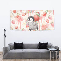 Sweet Crime Cute Penguin Holding Knife Tapestry Funny Strawberry Cake Graphic With Pastel Dessert Pattern
