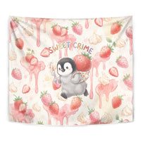 Sweet Crime Cute Penguin Holding Knife Tapestry Funny Strawberry Cake Graphic With Pastel Dessert Pattern