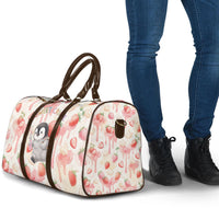 Sweet Crime Cute Penguin Holding Knife Travel Bag Funny Strawberry Cake Graphic With Pastel Dessert Pattern