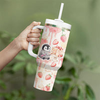 Sweet Crime Cute Penguin Holding Knife Tumbler With Handle Funny Strawberry Cake Graphic With Pastel Dessert Pattern
