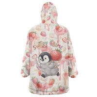 Sweet Crime Cute Penguin Holding Knife Wearable Blanket Hoodie Funny Strawberry Cake Graphic With Pastel Dessert Pattern