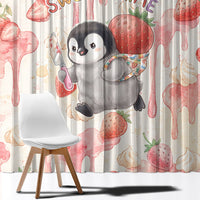 Sweet Crime Cute Penguin Holding Knife Window Curtain Funny Strawberry Cake Graphic With Pastel Dessert Pattern