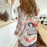 Sweet Crime Cute Penguin Holding Knife Women Casual Shirt Funny Strawberry Cake Graphic With Pastel Dessert Pattern