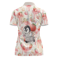 Sweet Crime Cute Penguin Holding Knife Women Polo Shirt Funny Strawberry Cake Graphic With Pastel Dessert Pattern