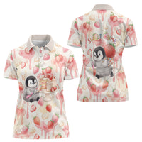 Sweet Crime Cute Penguin Holding Knife Women Polo Shirt Funny Strawberry Cake Graphic With Pastel Dessert Pattern