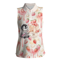 Sweet Crime Cute Penguin Holding Knife Women Sleeveless Polo Shirt Funny Strawberry Cake Graphic With Pastel Dessert Pattern