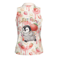Sweet Crime Cute Penguin Holding Knife Women Sleeveless Polo Shirt Funny Strawberry Cake Graphic With Pastel Dessert Pattern