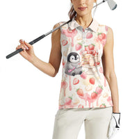 Sweet Crime Cute Penguin Holding Knife Women Sleeveless Polo Shirt Funny Strawberry Cake Graphic With Pastel Dessert Pattern