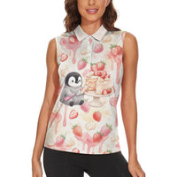 Sweet Crime Cute Penguin Holding Knife Women Sleeveless Polo Shirt Funny Strawberry Cake Graphic With Pastel Dessert Pattern