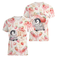 Sweet Crime Cute Penguin Holding Knife Women V-Neck T-Shirt Funny Strawberry Cake Graphic With Pastel Dessert Pattern
