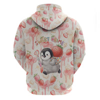 Sweet Crime Cute Penguin Holding Knife Zip Hoodie Funny Strawberry Cake Graphic With Pastel Dessert Pattern