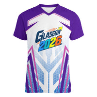 Glasgow 2026 Women V-Neck T-Shirt Scotland Dynamic Geometric Athlete Graphic Art