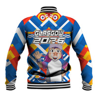 Glasgow 2026 Scotland Baseball Jacket Thistle Vibrant Tartan Cartoon Character