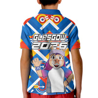 Glasgow 2026 Scotland Kid Polo Shirt Thistle Vibrant Tartan Cartoon Character
