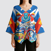 Glasgow 2026 Scotland Kimono Sleeve Blouse Thistle Vibrant Tartan Cartoon Character