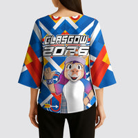 Glasgow 2026 Scotland Kimono Sleeve Blouse Thistle Vibrant Tartan Cartoon Character