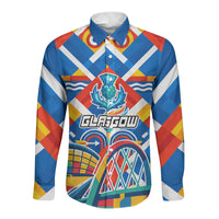 Glasgow 2026 Scotland Long Sleeve Button Shirt Thistle Vibrant Tartan Cartoon Character