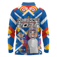 Glasgow 2026 Scotland Long Sleeve Polo Shirt Thistle Vibrant Tartan Cartoon Character