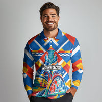 Glasgow 2026 Scotland Long Sleeve Polo Shirt Thistle Vibrant Tartan Cartoon Character