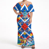 Glasgow 2026 Scotland Off Shoulder Maxi Dress Thistle Vibrant Tartan Cartoon Character