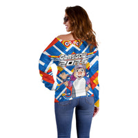 Glasgow 2026 Scotland Off Shoulder Sweater Thistle Vibrant Tartan Cartoon Character