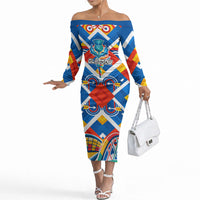 Glasgow 2026 Scotland Off The Shoulder Long Sleeve Dress Thistle Vibrant Tartan Cartoon Character