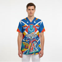 Glasgow 2026 Scotland Scrub Top Thistle Vibrant Tartan Cartoon Character