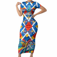 Glasgow 2026 Scotland Short Sleeve Bodycon Dress Thistle Vibrant Tartan Cartoon Character