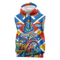 Glasgow 2026 Scotland Sleeveless Hoodie Thistle Vibrant Tartan Cartoon Character