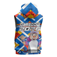 Glasgow 2026 Scotland Sleeveless Hoodie Thistle Vibrant Tartan Cartoon Character