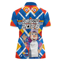 Glasgow 2026 Scotland Women Polo Shirt Thistle Vibrant Tartan Cartoon Character