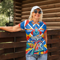Glasgow 2026 Scotland Women Polo Shirt Thistle Vibrant Tartan Cartoon Character