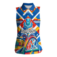 Glasgow 2026 Scotland Women Sleeveless Polo Shirt Thistle Vibrant Tartan Cartoon Character