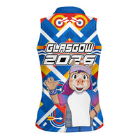 Glasgow 2026 Scotland Women Sleeveless Polo Shirt Thistle Vibrant Tartan Cartoon Character