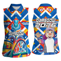 Glasgow 2026 Scotland Women Sleeveless Polo Shirt Thistle Vibrant Tartan Cartoon Character
