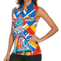 Glasgow 2026 Scotland Women Sleeveless Polo Shirt Thistle Vibrant Tartan Cartoon Character