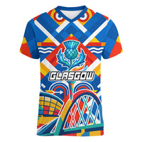 Glasgow 2026 Scotland Women V-Neck T-Shirt Thistle Vibrant Tartan Cartoon Character