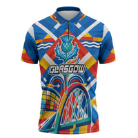 Glasgow 2026 Scotland Zipper Polo Shirt Thistle Vibrant Tartan Cartoon Character