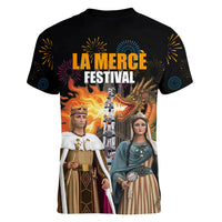 La Merce Festival Barcelona Women V-Neck T-Shirt Catalan Tradition Celebration Sagrada Familia Fireworks Art