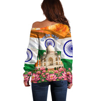 India Flag Peacock Off Shoulder Sweater Vibrant Cultural Indian Taj Mahal Lotus