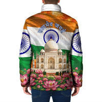 India Flag Peacock Padded Jacket Vibrant Cultural Indian Taj Mahal Lotus