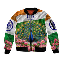 India Flag Peacock Sleeve Zip Bomber Jacket Vibrant Cultural Indian Taj Mahal Lotus