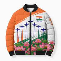 India Flag Bomber Puffer Jacket Jet Flypast Ashoka Chakra Lotus Vibrant Patriotic Tricolor