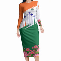 India Flag Long Sleeve Bodycon Dress Jet Flypast Ashoka Chakra Lotus Vibrant Patriotic Tricolor
