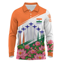 India Flag Long Sleeve Polo Shirt Jet Flypast Ashoka Chakra Lotus Vibrant Patriotic Tricolor