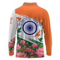 India Flag Long Sleeve Polo Shirt Jet Flypast Ashoka Chakra Lotus Vibrant Patriotic Tricolor