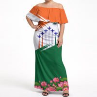 India Flag Off Shoulder Maxi Dress Jet Flypast Ashoka Chakra Lotus Vibrant Patriotic Tricolor