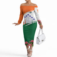 India Flag Off The Shoulder Long Sleeve Dress Jet Flypast Ashoka Chakra Lotus Vibrant Patriotic Tricolor