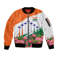 India Flag Sleeve Zip Bomber Jacket Jet Flypast Ashoka Chakra Lotus Vibrant Patriotic Tricolor